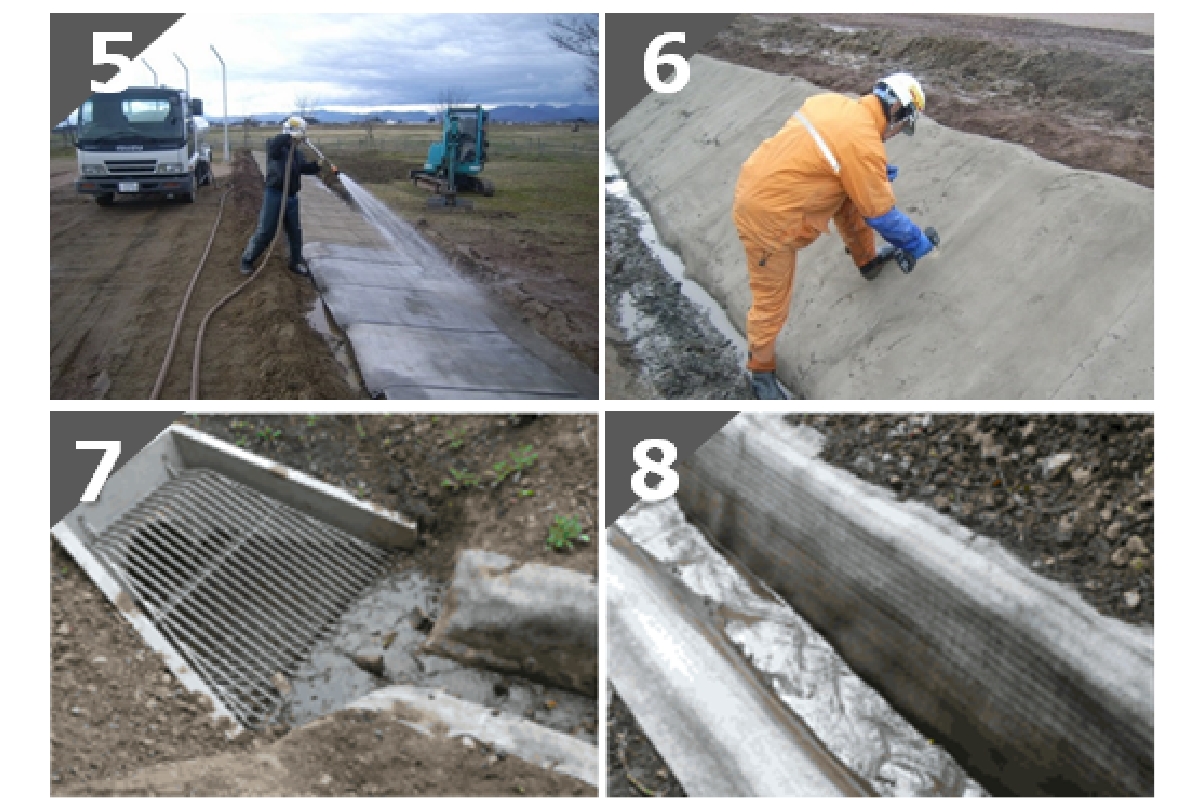 施工手順 散水・結合・桝接続・硬化