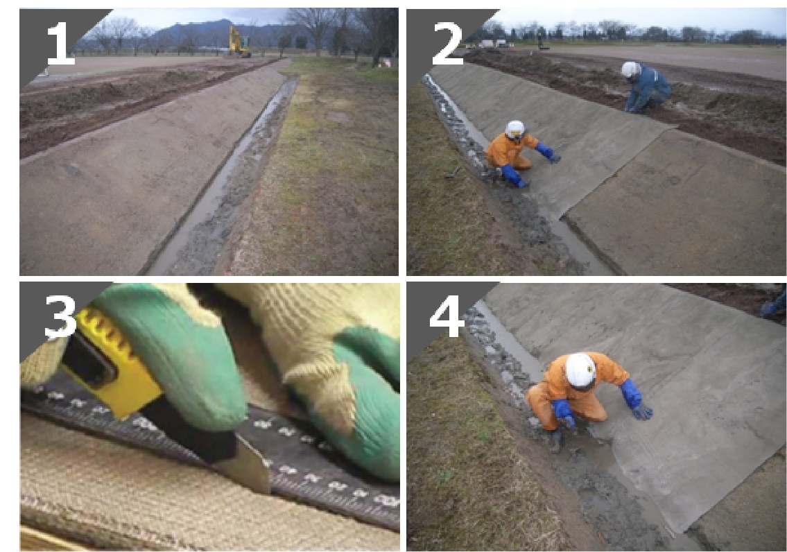 施工手順 地盤成形・展張・切断・固定