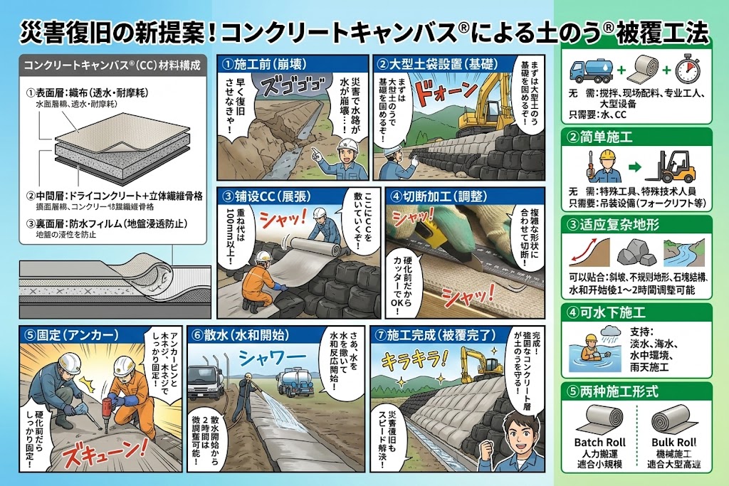 災害復旧 コンクリートキャンバスによる土のう被覆工法
